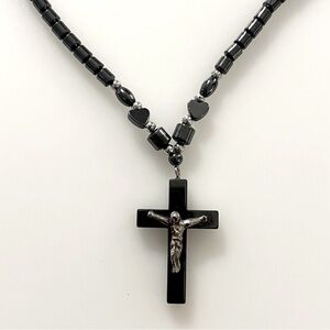 Hematite Beaded Crucifix Cross Necklace